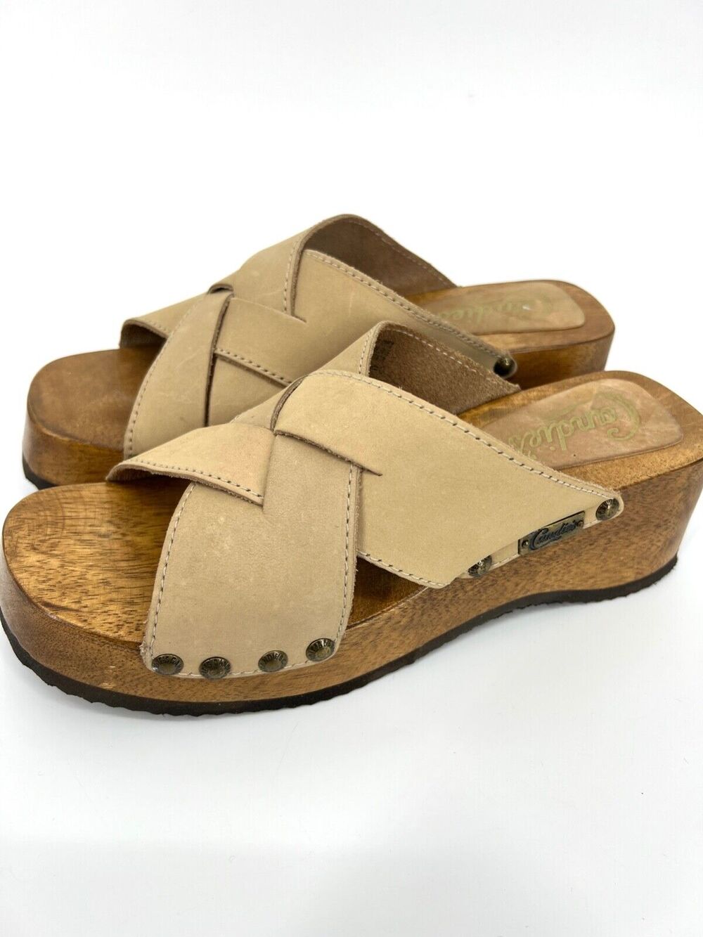 Vintage Y2K Candies Wooden Clog Platform Sandals Brown Leather Size 9